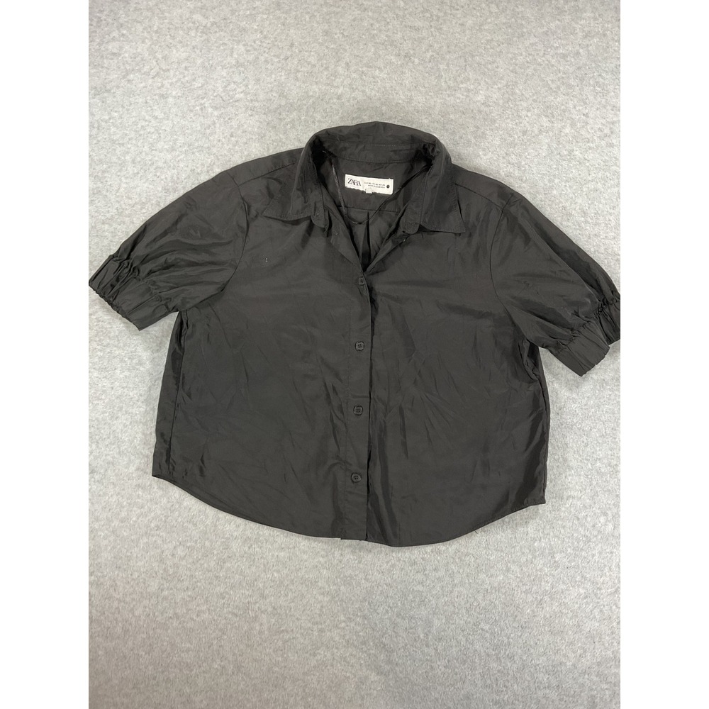 Zara Women Black Puff Short Sleeve Button Up Shirt Blouse Size XS 2482